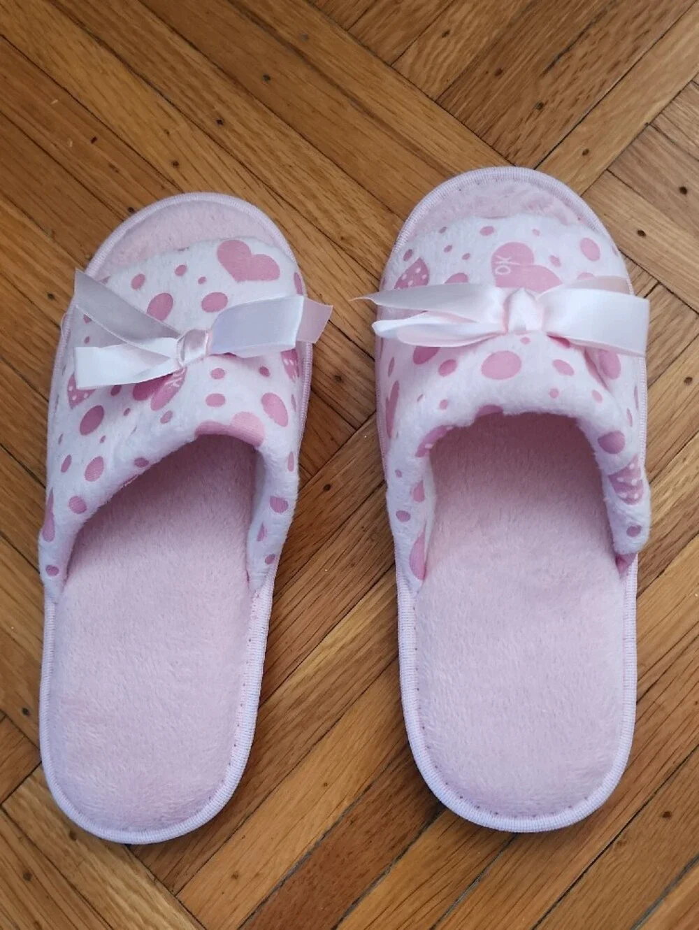 Pink Heart Polka Dot Plush Slippers with Bow